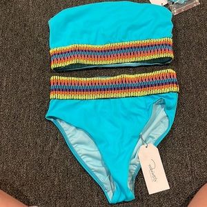 Brand new piexoto blue strapless bikini with neon stitching size small w/ straps